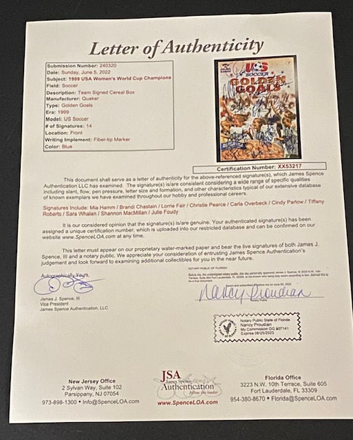 Thumbnail: 1999 USA Womens Soccer World Cup Champions Autographed Item (JSA LOA)