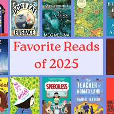 Text reads "Favorite Reads of 2025," with a background of book covers showing titles from 2025