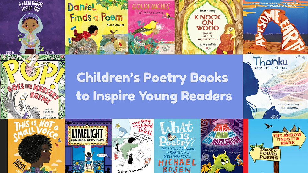 Banner Reads "Children's Poetry Books to Inspire Young Readers" and features children's poetry collections, poetry picture books, and children's poetry anthologies for teachers and parents.