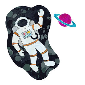 Illustration of an astronaut flying in space and waving at a ringed planet.