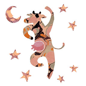 Illustration of a dancing cow soaring among the stars and moon.
