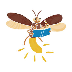 Illustration of a firefly having a bright idea while writing in a blue notebook.