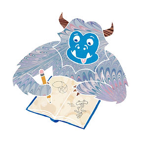 Illustration of a blue and pink yeti drawing pictures in a notebook. The pictures in the notebook include a nautilus shell and a skateboarding rabbit.