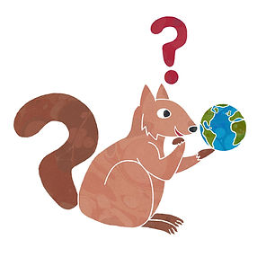 Illustration of a squirrel holding a miniature globe with a question mark floating over its head.