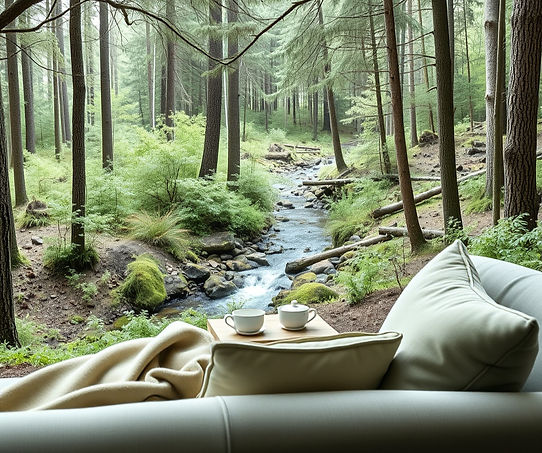 cozy sofa and a tea cups overlooking a stream in a forest with everything in shades of lig