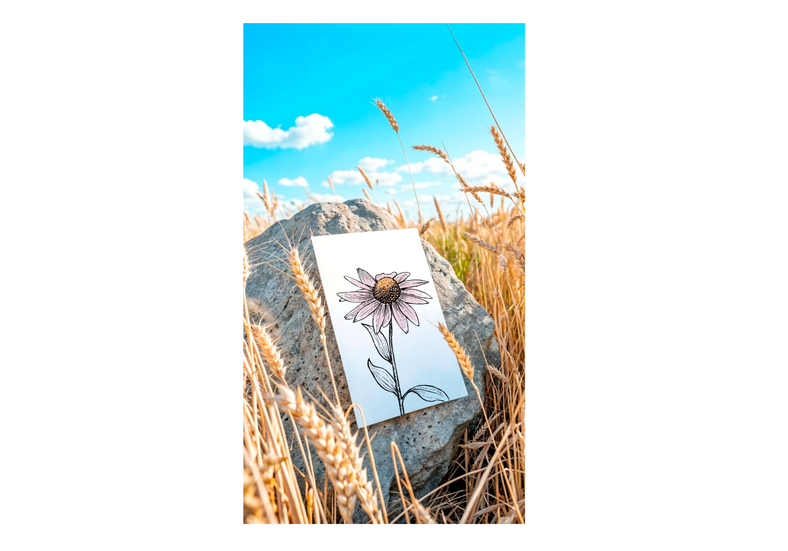 a drawing of a rudbekia flower is sitting on a rock in a field of wheat