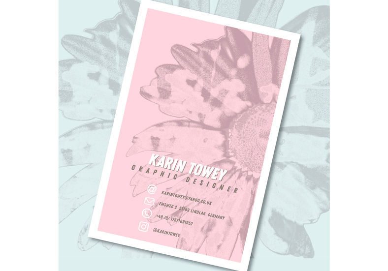 Promotional card for a graphic designer named Karin Towey with a pink flower in the background