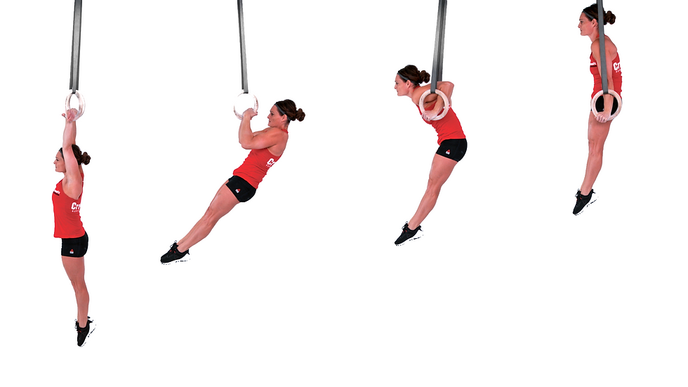 A CrossFit athlete is demonstrating a muscle up progression. She has started off with a pull up progression from which she transitioned into a muscle up. She is performing kipping muscle ups on rings.