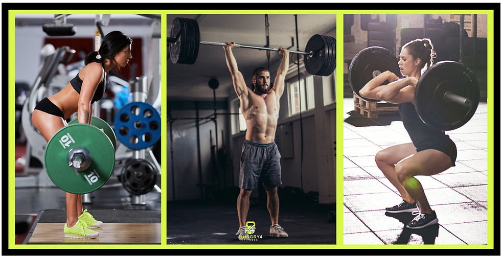 Three pictures of strength trainers completing a compound workout routine. One is performing a deadlift, the other a push press, and they other a front squat. All are exercising with an Olympic barbell and bumper plates.