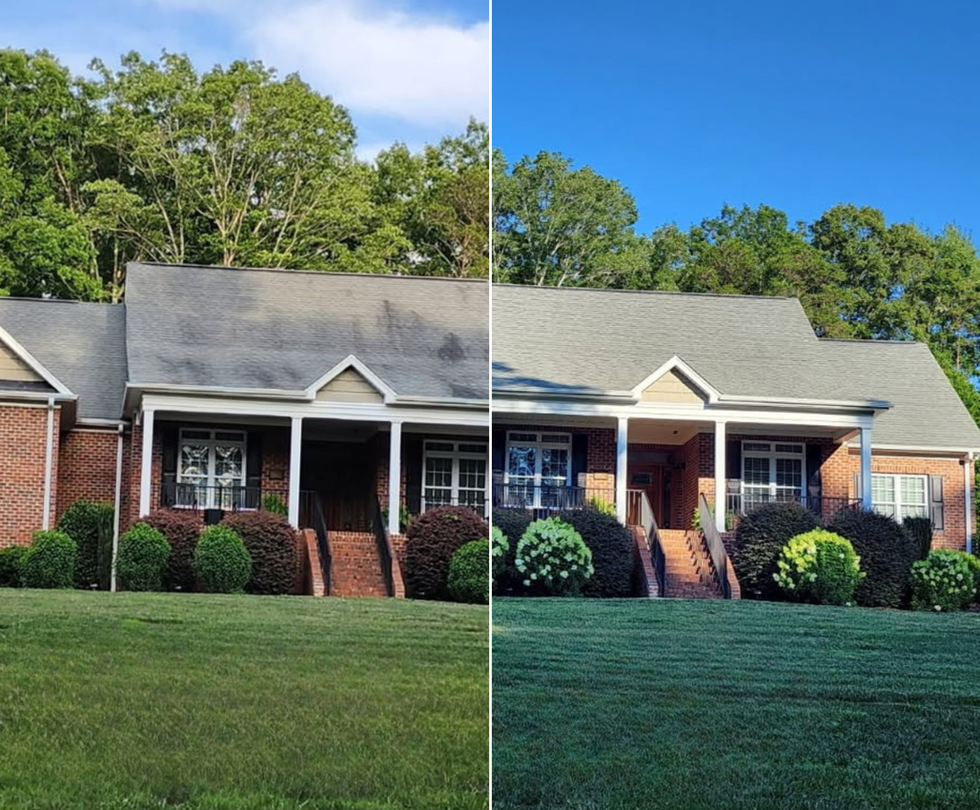 Roof washing before and after soft wash cleaning.