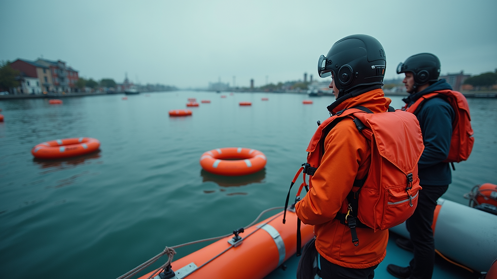 High angle view of a training session with liferafts and safety gear