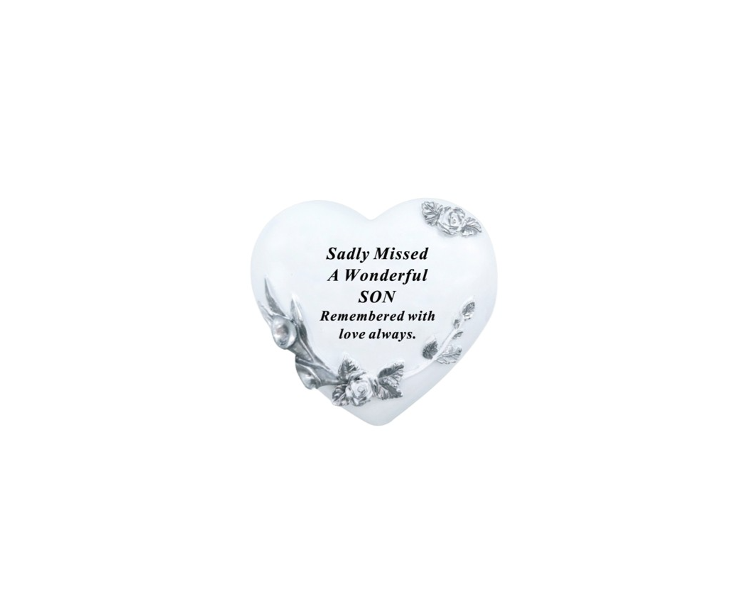 Son White Memorial Heart With Silver Floral