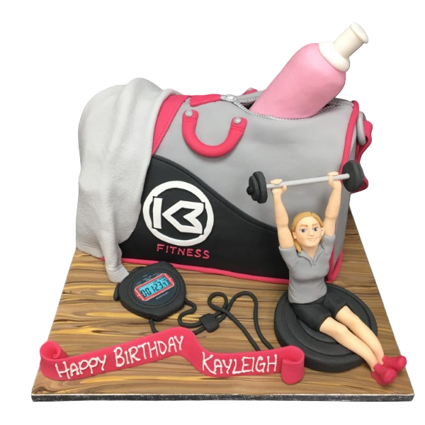 A beautifully designed gym bag-shaped cake with a fondant figure of a lady. Perfect for fitness enthusiasts and gym lovers, this novelty cake is a fun and unique choice for celebrations.