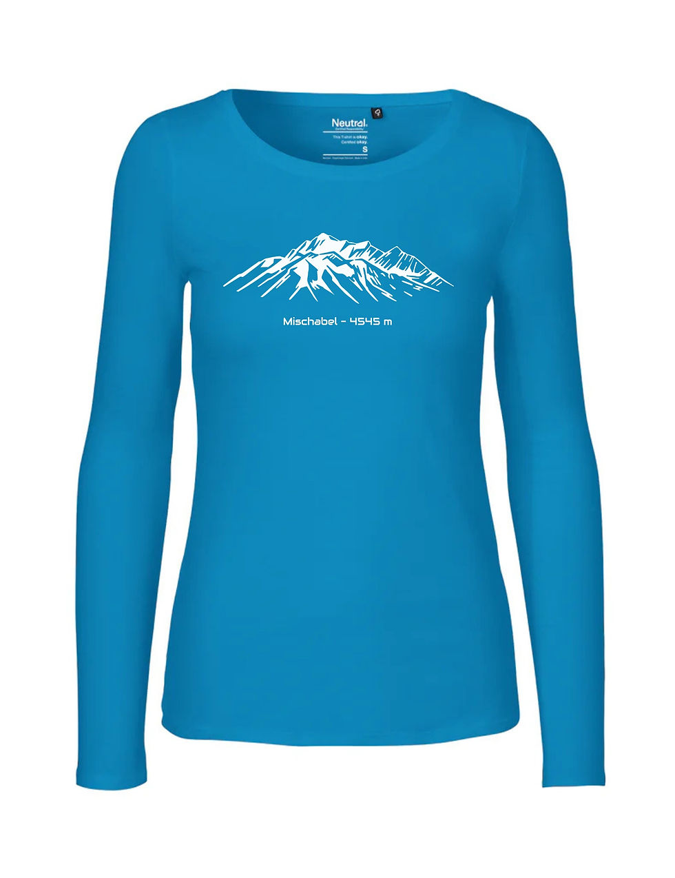 Miniaturbild: Langarmshirt in saphire mit Rundhalsausschnitt, tailliert, weiche Baumwolle, Mischabel Berg Druck in weiss.
