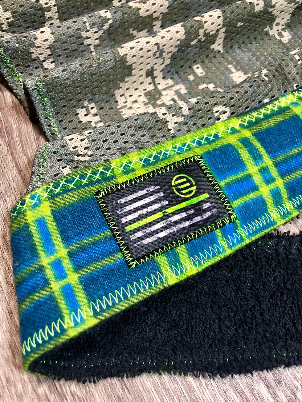Thumbnail: Blue & Lime Plaiditude Legend Headwrap - Lime Stitching