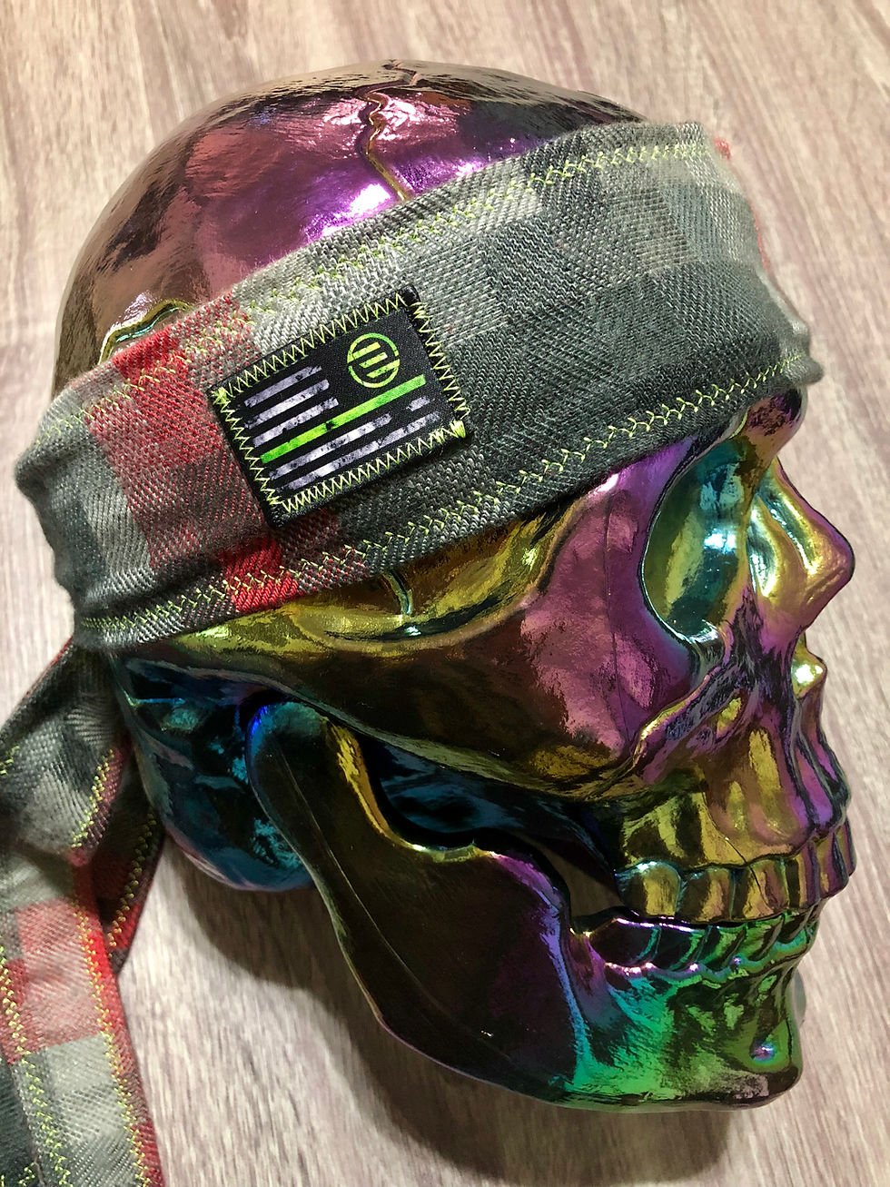 Thumbnail: Empirical Paintball - Red Soft Plaid Headband - Lime Stitching - Right