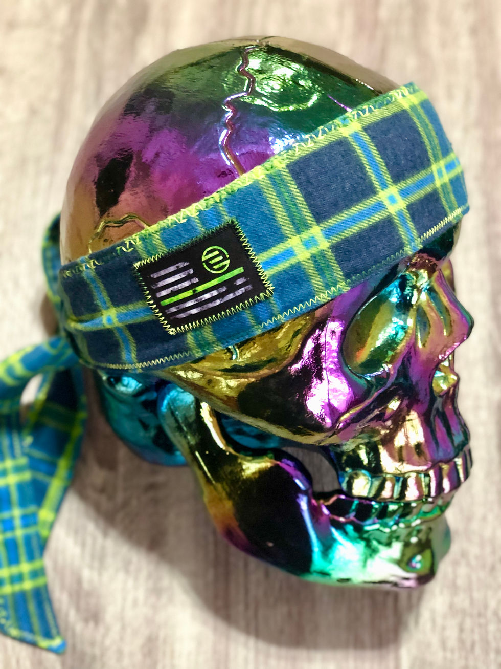 Thumbnail: Blue & Lime Plaiditude Headband - Forest Fade Stitching
