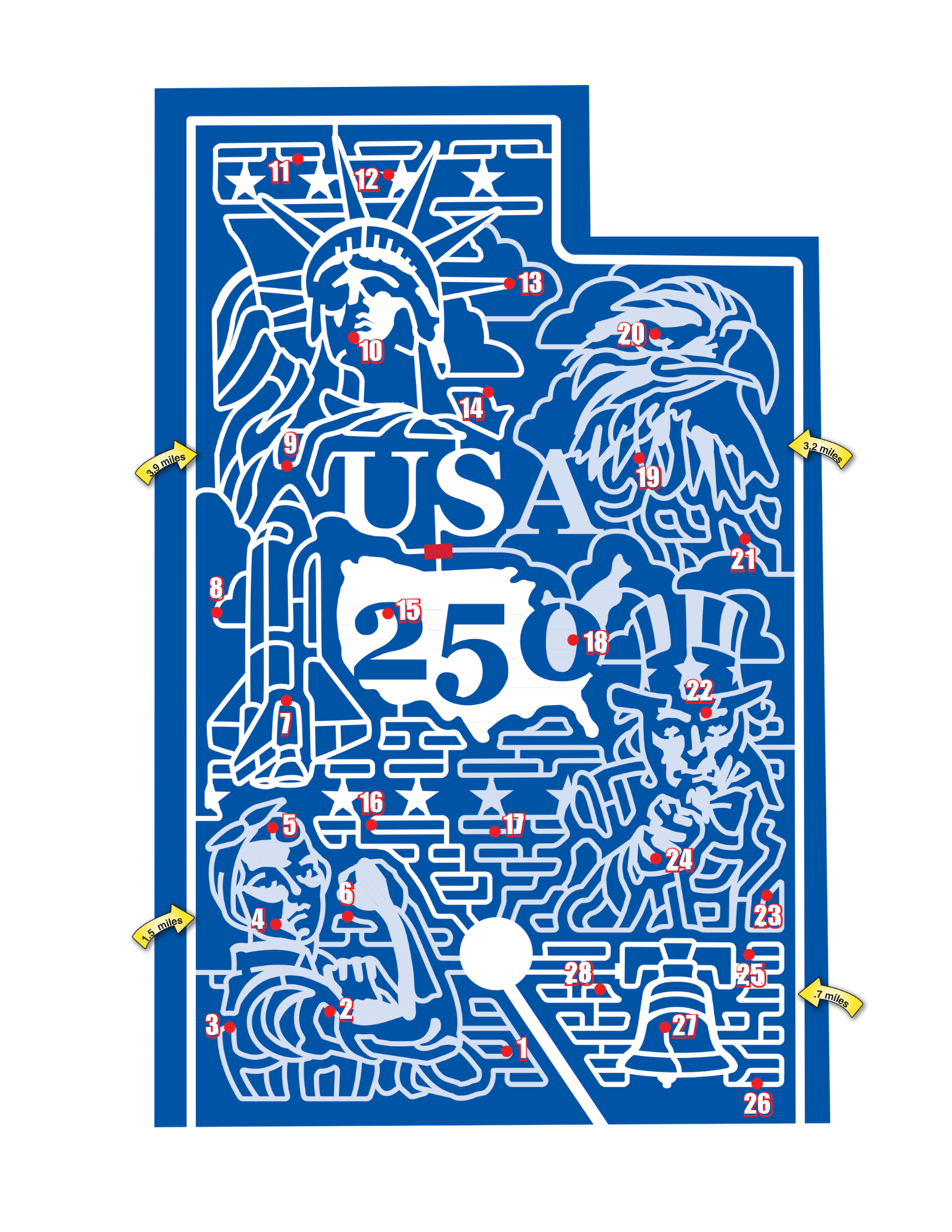 Exploration Acres corn maze map in Lafayette with the Statue of Liberty, a bald eagle and USA 250 design