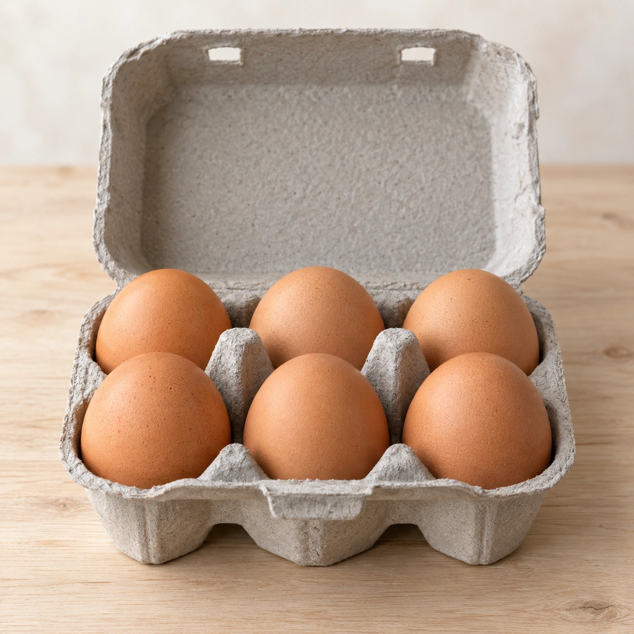 6 BIO-Eier Größe L im geöffneten grauen Naturkarton