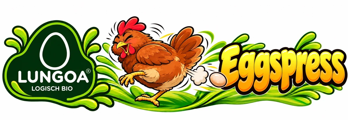 LUNGOA Eggspress mit braunem Huhn – deine Markengrafik