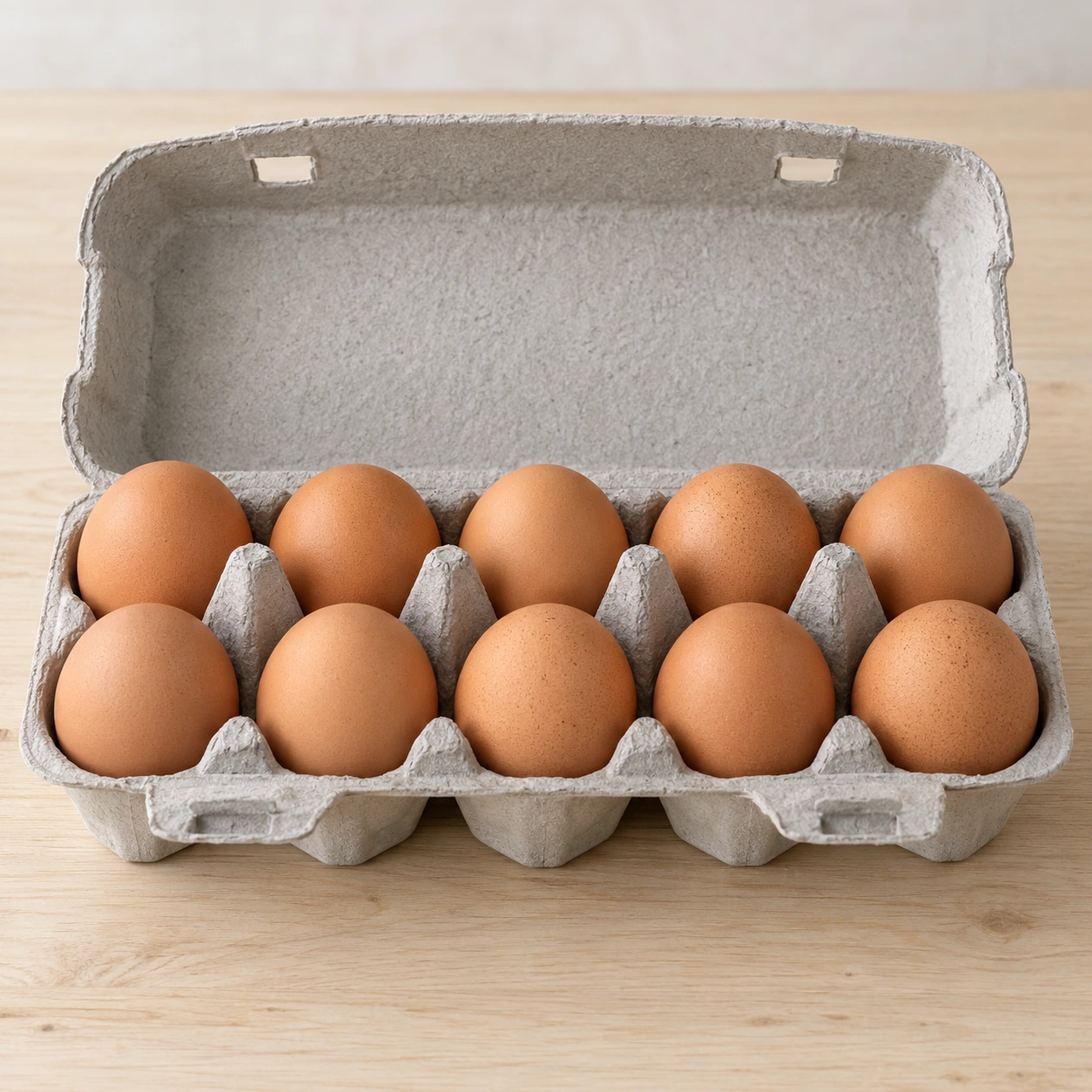 10 BIO-Eier Größe L im geöffneten grauen Naturkarton