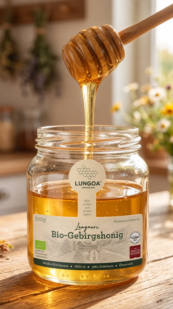 LUNGOA Bio-Gebirgshonig im Glas mit Etikett