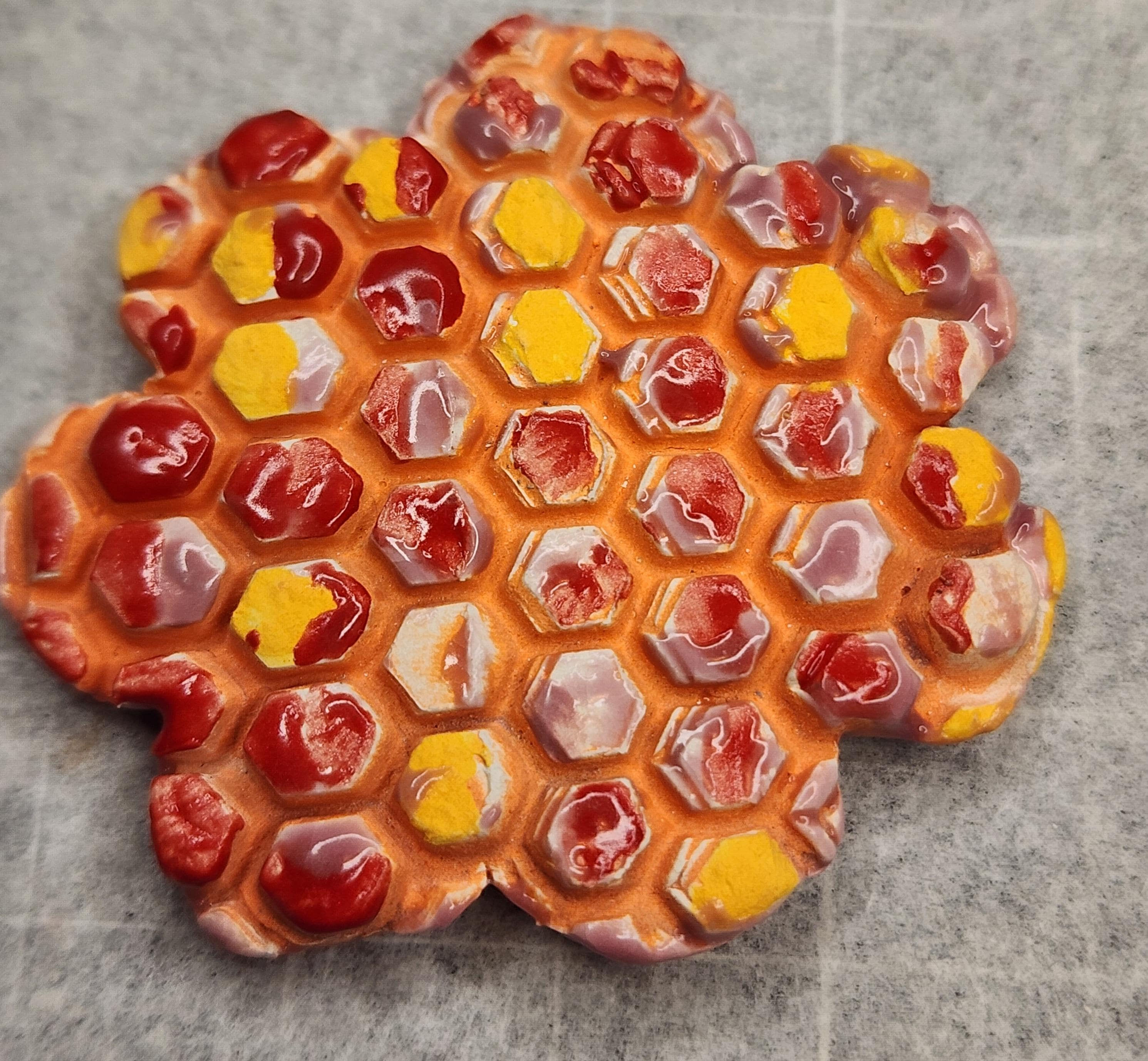 Handmade Honeycomb Ceramic Magnet – Colorful Hexagon Art with Red, Yellow &