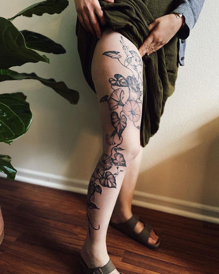 Blackwork botanical leg tattoo floral bird horse portrait