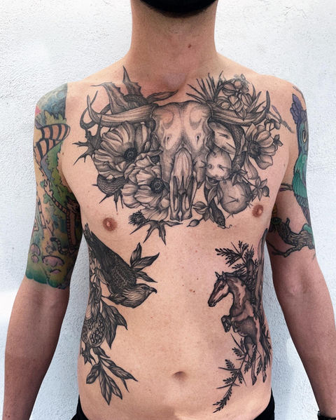 Texas wildlife botanical blackwork dotwork fineline chest rib tattoo