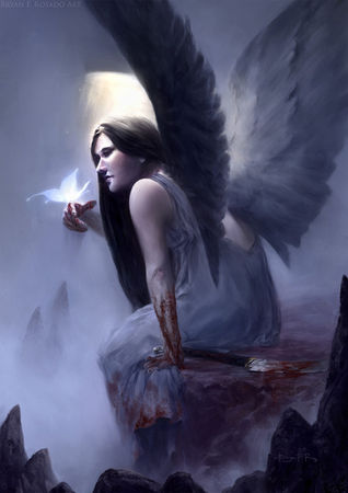 An bloodstained angel sitting in the edge of a cliff, admiring a white glowing moth in her hand.