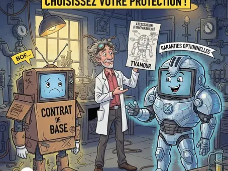 Un scientifique montre deux TVs, une en armure de carton 'Contrat de Base' et l'autre en armure de combat 'Garanties Optionnelles', symbolisant le choix d'assurance. Le scientifique tient un plan de l'armure de combat et une attestation d'irréparabilité TVAMOUR.