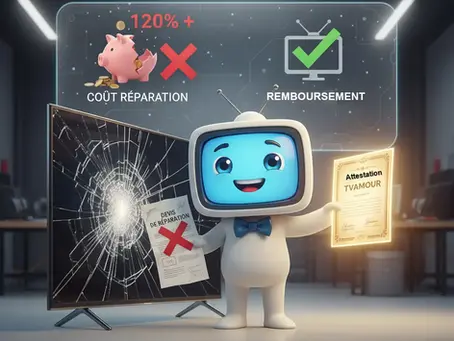 Un personnage avec une tête de télévision sourit devant un écran brisé, tenant un devis de réparation rejeté et une attestation d'irréparabilité TVAMOUR. Une infographie flottante montre le rejet du 'Coût réparation' au profit du 'Remboursement', symbolisant l'irréparabilité économique.