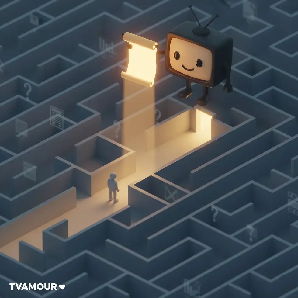 Un personnage avec une tête de télévision souriante tient un parchemin lumineux, éclairant un chemin direct hors d'un labyrinthe sombre où une petite personne est perdue, symbolisant le guide à travers les démarches d'assurance.