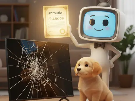 Un mignon chiot Golden Retriever est assis à côté d'une TV moderne à l'écran sévèrement brisé. Un personnage avec une tête de télévision (TVAMOUR) sourit, tenant une attestation d'irréparabilité, symbolisant la solution d'assurance pour un dégât causé par un animal.