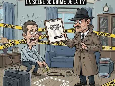 Un homme paniqué devant une TV cassée dans une scène de crime. Romuald (TVAMOUR), en détective, lui présente une attestation d'irréparabilité, symbolisant les erreurs à éviter après une chute de TV.