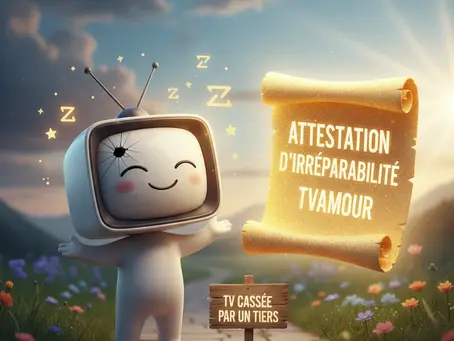 Une TV mignonne et endormie, l'écran fissuré, se tient à côté d'une pancarte 'TV cassée par un tiers' et d'un parchemin lumineux 'Attestation d'irréparabilité TVAMOUR', symbolisant la sérénité après un sinistre géré par l'attestation.