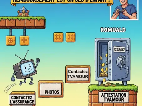 Une TV-personnage de jeu vidéo saute sur des plateformes 'Contactez l'assurance', 'Photos', 'Contactez TVAMOUR', menant à une plateforme 'Attestation TVAMOUR' et un coffre-fort 'Assurance' rempli d'argent, symbolisant le guide de remboursement TV simplifié par TVAMOUR.