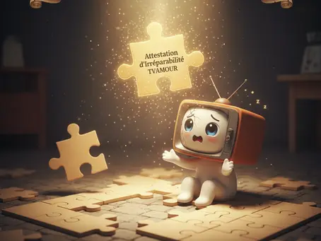 Une petite TV triste et cassée est assise sur un puzzle incomplet. Une pièce de puzzle lumineuse, étiquetée 'Attestation d'irréparabilité TVAMOUR', descend du ciel, symbolisant la pièce manquante pour résoudre le problème d'assurance.