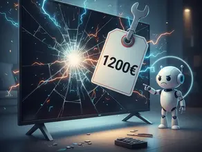 Une télévision moderne avec un écran brisé et une étiquette de prix de 1200 euros, accompagnée du robot mascotte TVAMOUR, illustrant le coût élevé du remplacement d'une dalle TV.