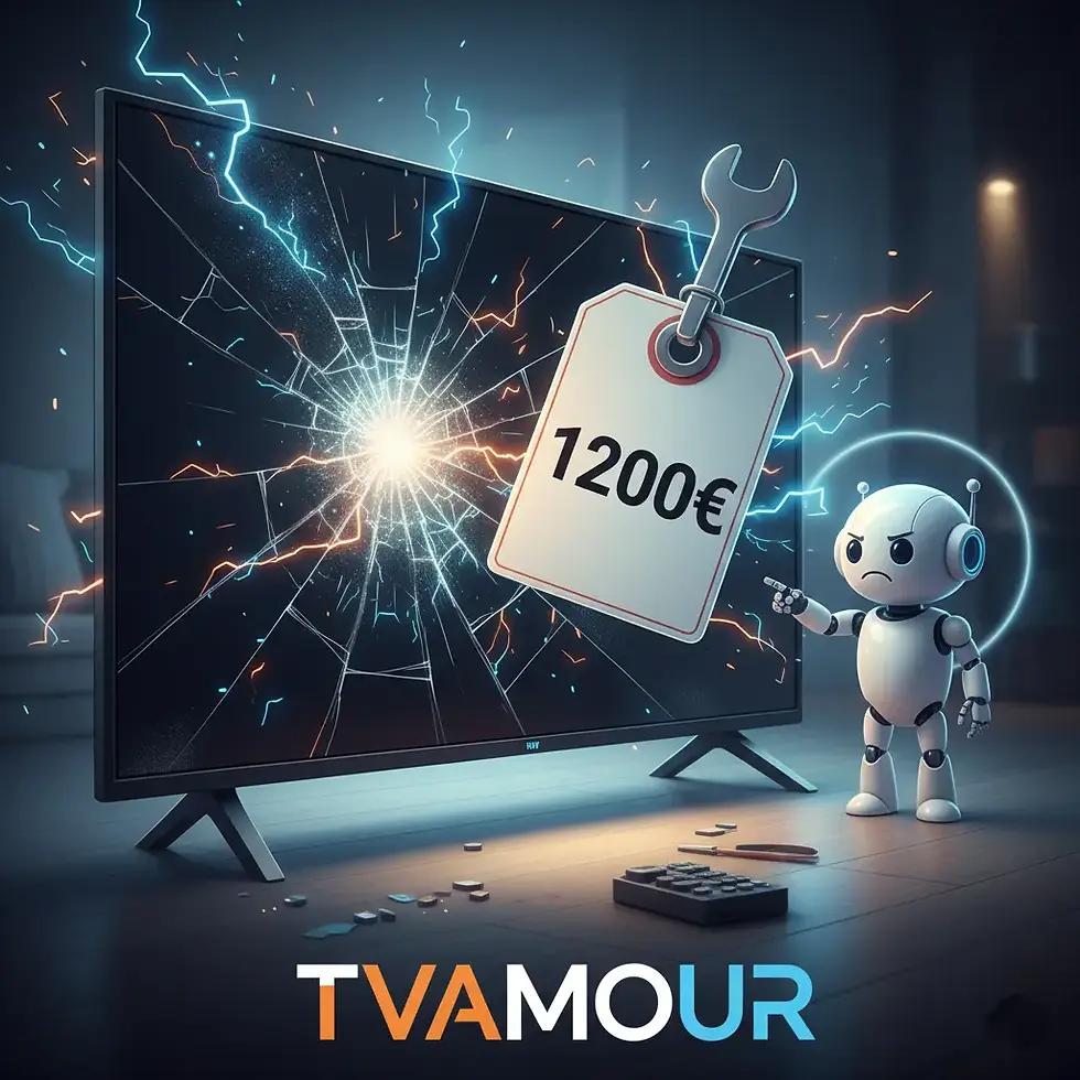 Une télévision moderne avec un écran brisé et une étiquette de prix de 1200 euros, accompagnée du robot mascotte TVAMOUR, illustrant le coût élevé du remplacement d'une dalle TV.