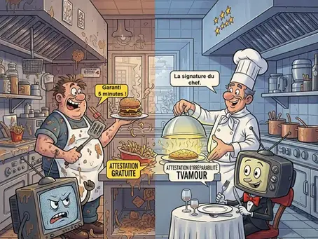 Une image comparant un cuisinier peu scrupuleux servant un hamburger 'attestation gratuite' à une TV en colère, et un chef (Romuald) servant un plat raffiné avec une attestation d'irréparabilité TVAMOUR à une TV souriante, illustrant la qualité de l'expertise TVAMOUR.