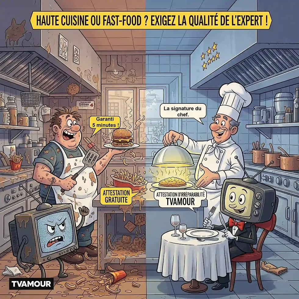 Une image comparant un cuisinier peu scrupuleux servant un hamburger 'attestation gratuite' à une TV en colère, et un chef (Romuald) servant un plat raffiné avec une attestation d'irréparabilité TVAMOUR à une TV souriante, illustrant la qualité de l'expertise TVAMOUR.