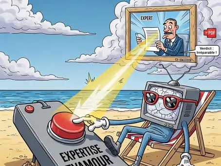 Une TV cassée sur un transat de plage active un bouton 'Expertise TVAMOUR', d'où une lumière relie un cadre montrant un expert avec un verdict 'Irréparable' en PDF, symbolisant le contrôle à distance du sinistre TV.