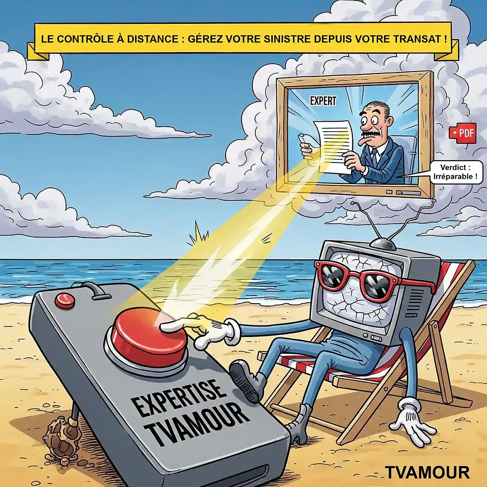 Une TV cassée sur un transat de plage active un bouton 'Expertise TVAMOUR', d'où une lumière relie un cadre montrant un expert avec un verdict 'Irréparable' en PDF, symbolisant le contrôle à distance du sinistre TV.