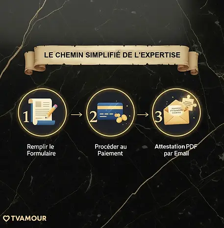 Infographie montrant le processus simplifié de TVAMOUR en 3 étapes Remplir le formulaire,