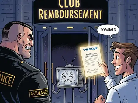 Un bouncer (assurance) bloque une TV cassée à l'entrée du 'Club Remboursement'. Romuald présente une attestation d'irréparabilité TVAMOUR, symbolisant le laissez-passer essentiel pour le remboursement de la TV.