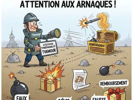 Romuald (TVAMOUR) en démineur traverse un champ de mines symbolisant les arnaques d'assurance (faux expert, devis exagéré, fausse promesse), tenant une attestation d'irréparabilité TVAMOUR.