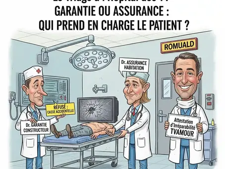 Dans un hôpital, la Garantie Constructeur refuse une TV cassée. L'Assurance Habitation la prend en charge. Romuald (TVAMOUR) sourit, tenant une attestation d'irréparabilité, symbolisant le transfert de responsabilité pour une TV défectueuse.