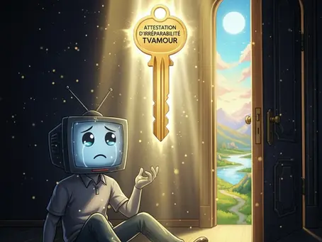Une TV triste et cassée est assise dans une pièce sombre. Une clé dorée, étiquetée 'Attestation d'irréparabilité TVAMOUR', descend du ciel, ouvrant une porte sur un paysage magnifique et ensoleillé, symbolisant la solution.