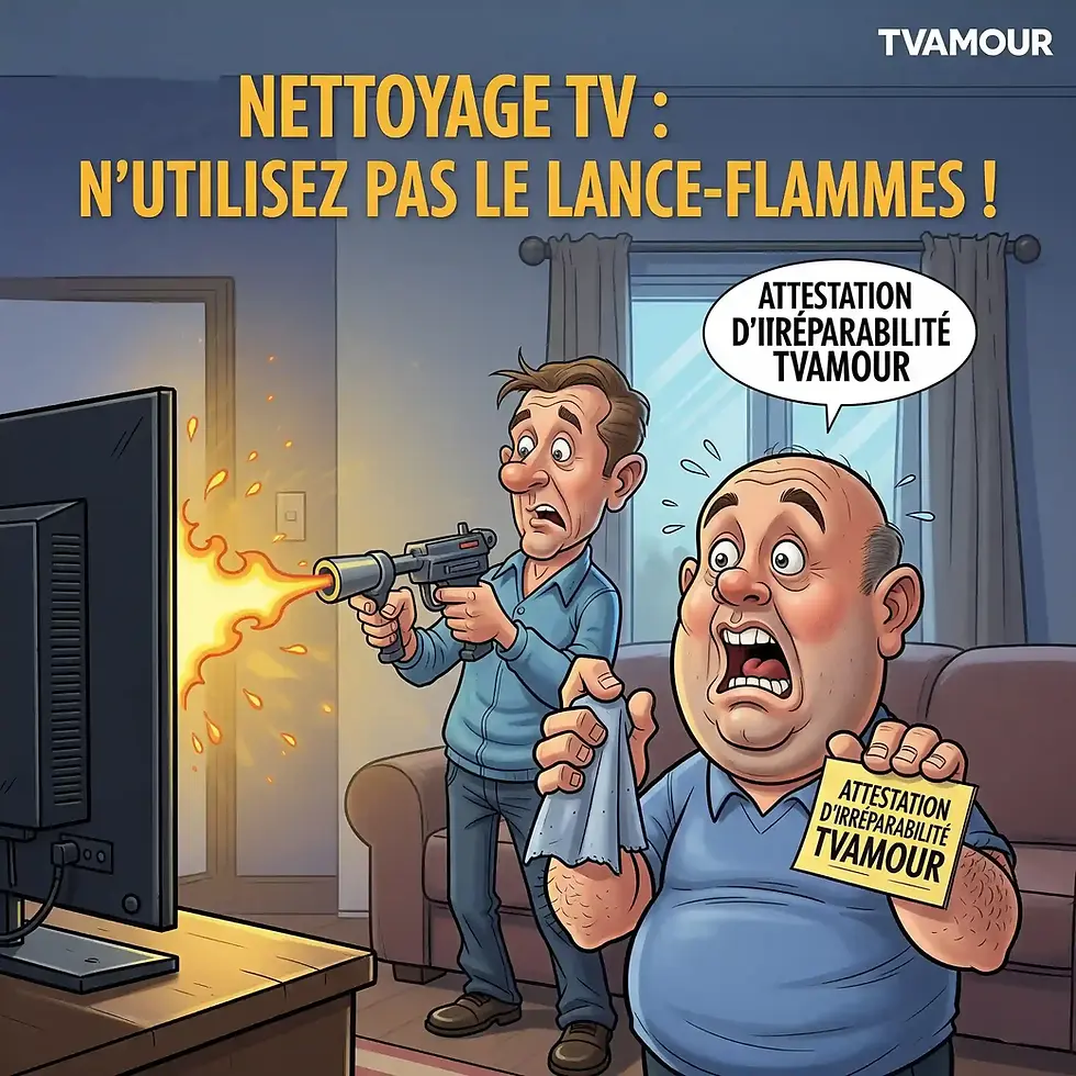 Un homme effrayé tient une attestation d'irréparabilité TVAMOUR alors qu'un autre nettoie une TV avec un lance-flammes, symbolisant les dangers d'un mauvais nettoyage de TV.